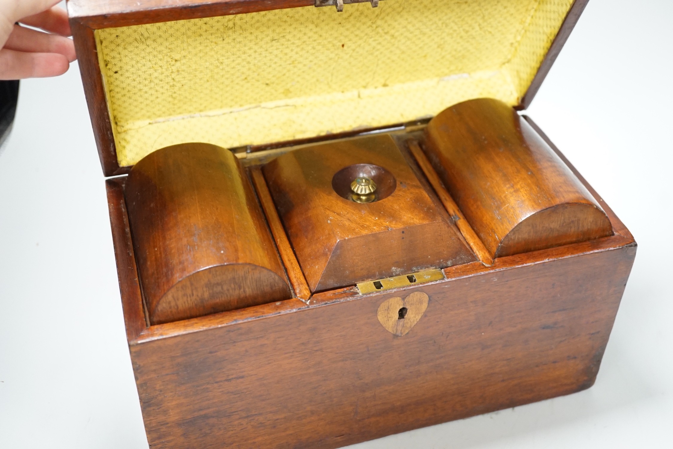 A late George III satinwood inlaid tea caddy and a later similar mahogany tea caddy, largest 30cms wide x 18cms high